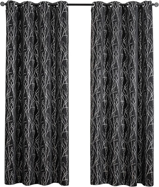 Grommets Blackout Long Window Curtains Black Silver-52W*108L 2PCS Drapes for Bedroom