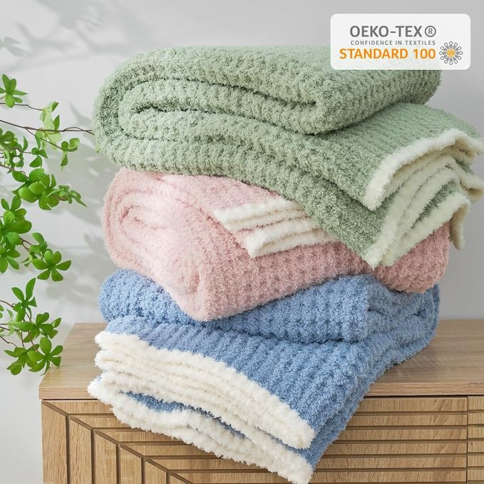 Snuggle Sac Sage Green Waffle Throw Blanket for Couch Bed Sofa 60x80 inches, Reversible Sage Green Blanket Microfiber Fluffy Fuzzy Cozy Knit Twin Blanket for Women Mothers Birthday Gifts