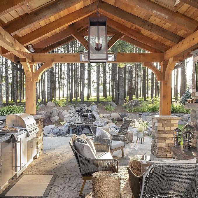 Large Outdoor Pendant Lantern Light Fixture for Front Porch, 24 Inch 3-Light Bronze Exterior Hanging Chandelier with Clear Glass, Outdoor Indoor Pendant Lamp for Patio, Gazebo, RZ008L-H ORB