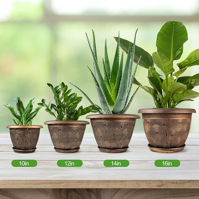 14 Inch Large Planter Pot for Plants Indoor Outdoor, 4 Pack Plastic Flower Pots with Drainage Hole & Tray, Modern Decorative Garden Pot with Saucer, Plant Container for House