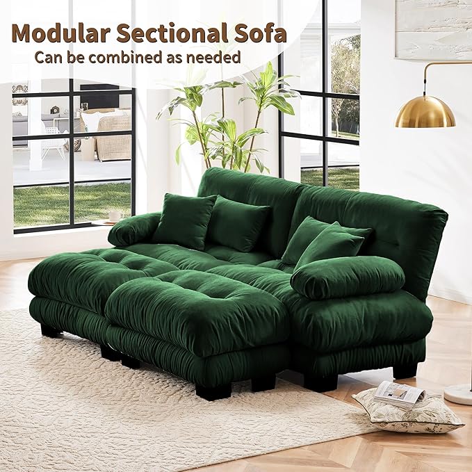 Modular Sectional Sofa, Cloud Couch U Shaped Sectional Couches for Living Room, Green Couch Oversized Loveseat with Movable Ottoman, Modern Deep Seat Sofa with Throw Pillows, Chenille