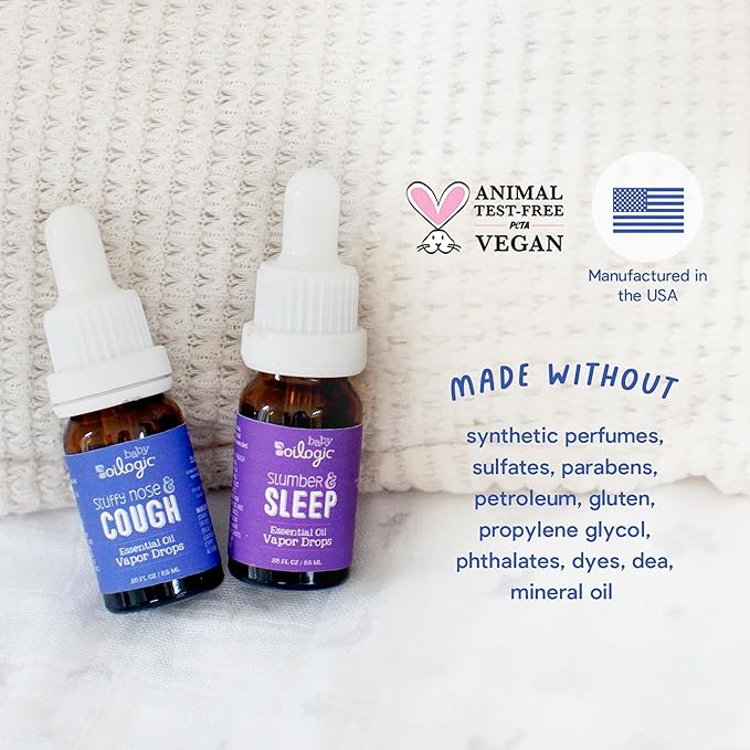 Oilogic Baby Essential Oil Vapor Drops for Diffuse & Humidifier, 2-Pack Set with Stuffy Nose & Cough + Slumber & Sleep - Baby Aromatherapy Oil is Safe for Babies, Kids & Toddlers