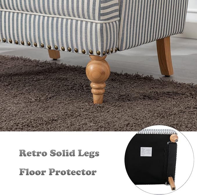 chairus Linen Accent Chair for Living Room Upholstered Mid Century Modern Single Sofa Chair with Solid Wood Legs Comfy Reading Chair Armchair for Bedroom/Office Room/Recption/Lounge, Blue Stripe