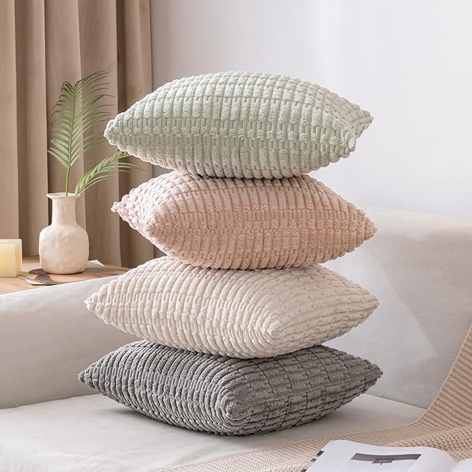 MIULEE Pack of 2 Corduroy Decorative Euro Sham Throw Pillow Covers 24x24 Inch Soft Boho Striped Pillow Covers Modern Farmhouse Home Decor for Sofa Living Room Couch Bed Light Grey