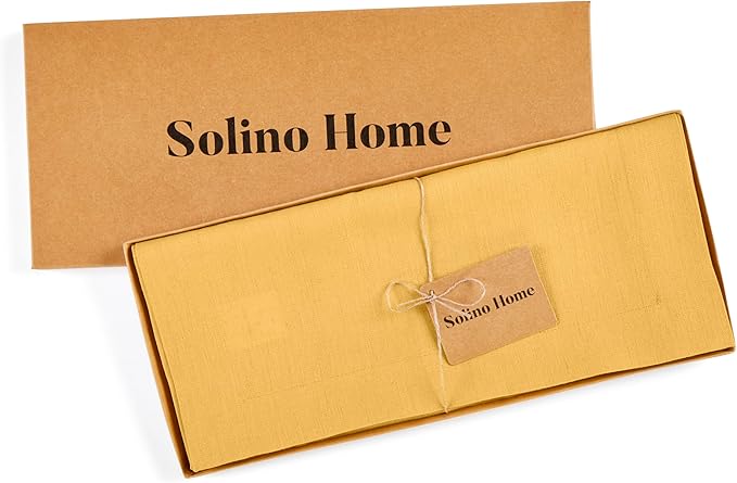 Solino Home Linen Mustard Yellow Table Runner 60 Inches - 100% Pure Linen Farmhouse Short Table Runner 14 x 60 Inch Ideal for Dresser and Coffee Tables - Fete