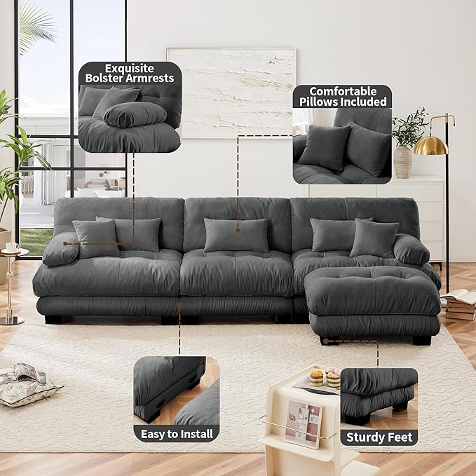 L Shaped Couch Sectional Couch, 3-Seater Cloud Couch Sectional Oversized Couch, Sofa Bed Couch with Round Bolster Armrests 5 Pillows, Modular Couch Home Sofa Living Room Couch(Gray)
