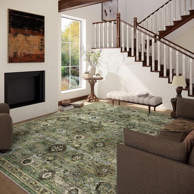 Washable Area Rugs for Living Room: 9x12 Rug Boho Vintage Rugs Stain Resistant Non Slip Low Pile Lightweight Soft Carpets for Bedroom Kitchen Dining Room Nursery Kids Room Farmhouse Home Office