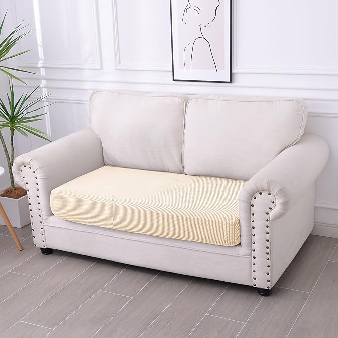 hyha Waterproof Couch Cushion Covers for Pets, Non Slip Sofa Seat Cover for Dogs Washable, Soft Thick Stretch Jacquard Fabric, Sofa Slipcovers with Elastic Bottom (1 Piece for Medium, Beige)