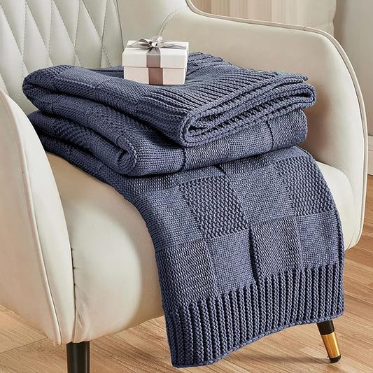 CozeCube Check Knit Throw Blanket, Steel Blue Checkered Throw for Couch, Decorative Christmas Soft Cozy Warm Knitted Blanket for Bed Sofa Living Room, 50"X60"