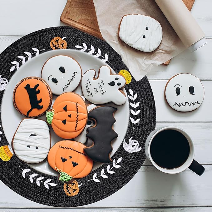 Whaline 4Pcs Round Halloween Placemats Embroidered Ghost Pumpkin Candy Corn Place Mats Black Spooky Dinner Table Mats for Halloween Party Decor