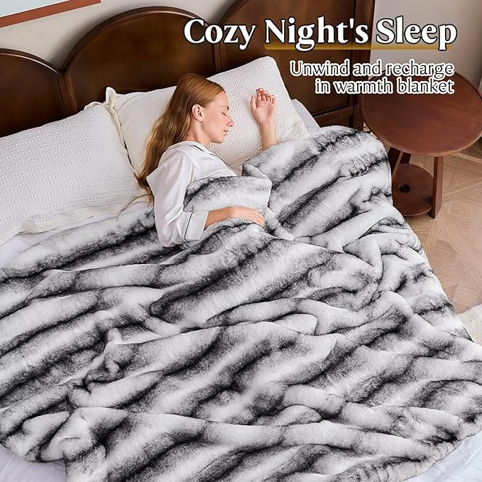 Luxury Faux Fur Blanket - Soft Warm Plush Blankets for Couch Sofa Bed, Fluffy Thick Throws for Bedroom, Office, Living Room, Decorative Reversible, Not Easy to shed - 60"x80", Black/White