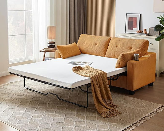 Pull Out Sofa Bed, Full Size Sleeper Sofa, 2-in-1 Convertible Corduroy Couch with USB Charging, Memory Form Couch for Living Room, Apartment and Small Space (Mustard Yellow, Corduroy - Queen Size)