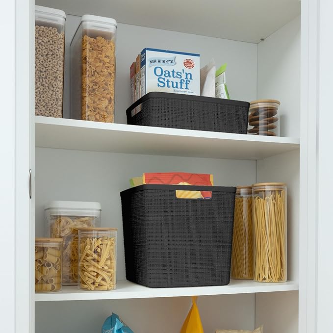 Curver Set of 4 Jute Large Cube Decorative Plastic Organization and Storage Baskets, Perfect Bins for Home Office, Closet Shelves, Kitchen Pantry and All Bedroom Essentials, Black