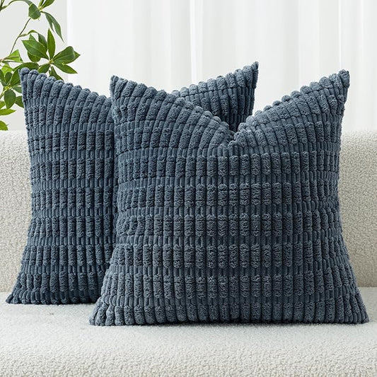 MIULEE Pack of 2 Corduroy Decorative Throw Pillow Covers 20x20 Inch Soft Boho Striped Pillow Covers Modern Farmhouse Home Decor for Summer Coastal Sofa Living Room Couch Bed Blue