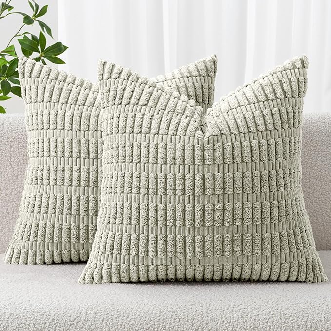MIULEE Pack of 2 Corduroy Decorative Throw Pillow Covers 16x16 Inch Soft Boho Striped Pillow Covers Modern Farmhouse Home Decor for Summer Sofa Living Room Couch Bed Light Green