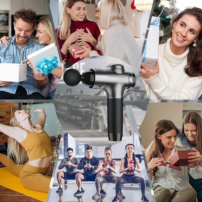 RAEMAO Massage Gun, Handheld Electric Deep Tissue Muscle Massager for Athletes for Pain Relief Attaching 8 Replacement Heads, Percussion Massager with 10 Speeds, Father's Day Gifts, Grey