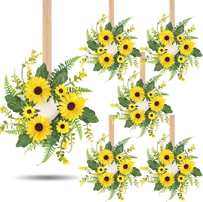 6 Pcs Mini Sunflower Wreath for Front Door Artificial Sunflower Spring Summer Swag Wreath Fake Yellow Floral Candle Rings Wreaths for Pillars Cabinets Window Home Wall Décor