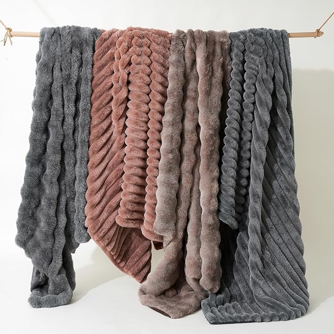 Amélie Home Faux Fur Throw Blanket for Couch, Ultra Cozy Fuzzy Fluffy Fur Luxurious Soft Striped Plush Gift Blankets for Family Sofa Chair Bed Living Room Bedroom, 55"x70", Ionic Fox Brown