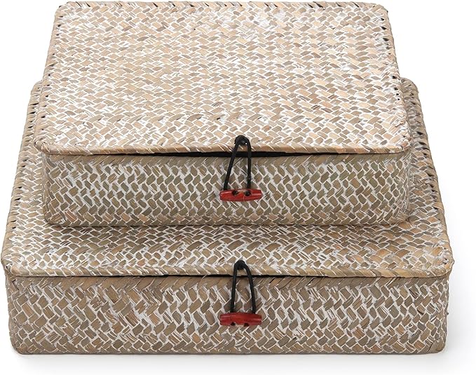 Whitewash Seagrass Basket with Lid Rectangular Decorative Storage Boxes for Shelf Organize Snack Toys Set of 2 (Large+Small)