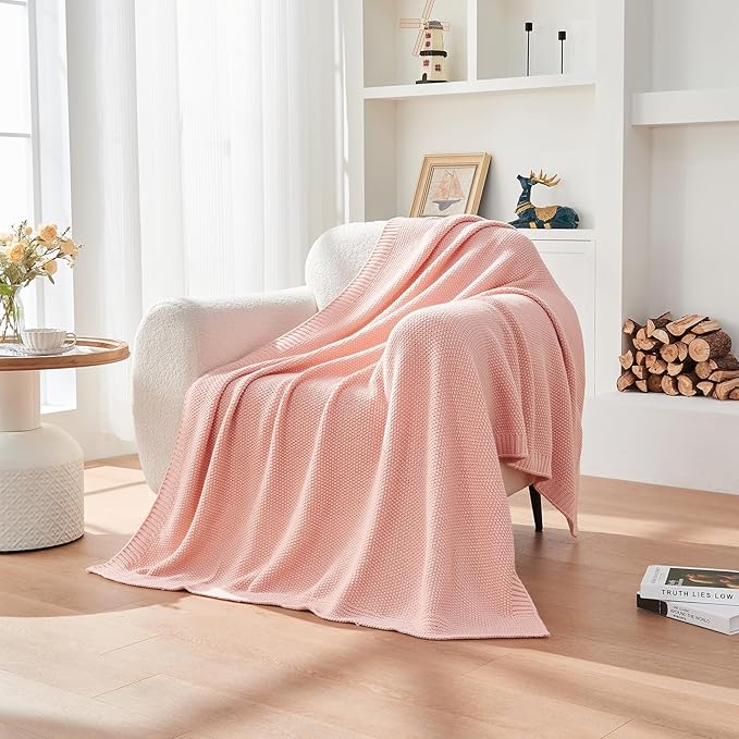CozeCube Pink Throw Blanket for Couch, Soft Cozy Cable Knit Throw Blanket for Bed Sofa Living Room, Lightweight Warm Decorative Farmhouse Christmas Blanket, 60"x80", Pink