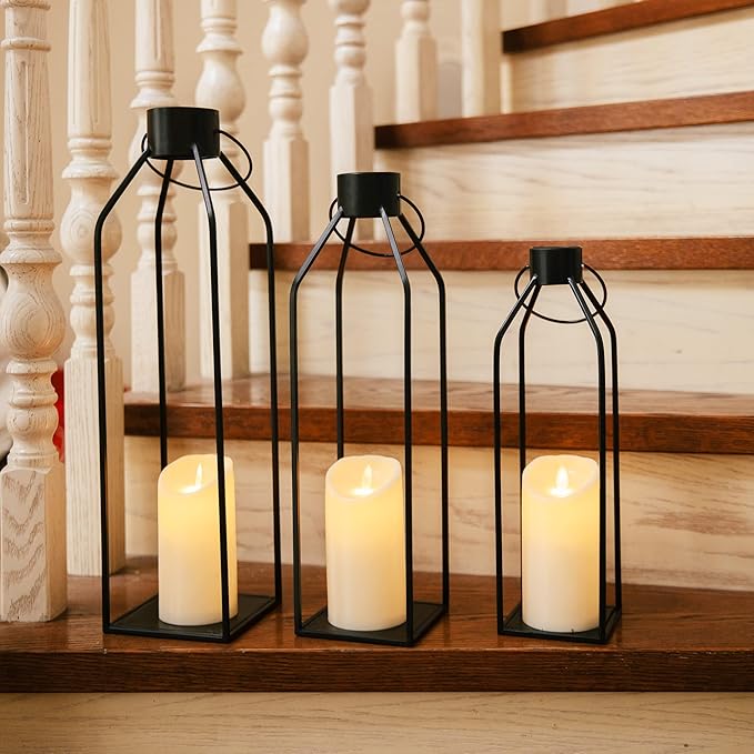 HPC Decor 22'' 19'' 16'' Lanterns Decorative w/Flickering Timer Candles- Tall Large Black Metal Candle Lanterns Set of 3- Modern Farmhouse Decor for Indoor,Outdoor,Tabletop,Porch (No Glass)