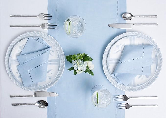 Solino Home Linen Sky Blue Table Runner 120 Inches Long - 100% Pure Linen Hemstitch 14 x 120 Inch Table Runner for Dining - Classic Hemstitch