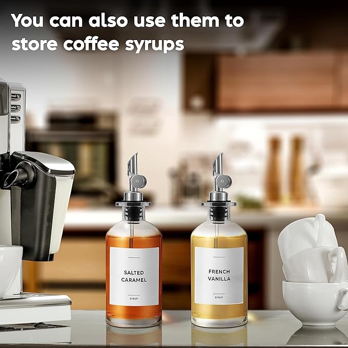 Olive Oil Dispenser Bottle - Includes 55 Kitchen Essential Labels - Cooking Oil Bottles for Kitchen, Coffee Syrup Dispenser - Pourer Spout with 11.8 fl oz Glass Container Cruet - 2pcs Silver