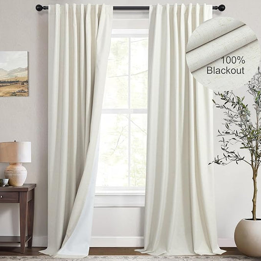 100% Blackout Linen Curtains 144 Inches Long 2 Panels Set for Bedroom Living Room Extra Wide Large Window Back Tab High Ceiling Drapes Patio Sliding Door Earthy Bohemian Cottage Core Decor 12 FT Cream