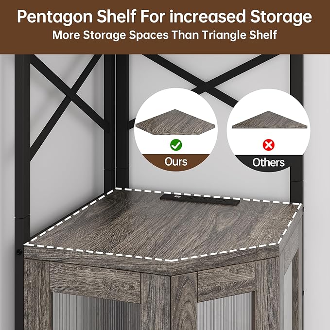 Corner Bar Cabinet with Power Outlet, 5-Tier Corner Wine Cabinet with Led Strip and Glass Holder, Industrial Tall Liquor Cabinet Bar Wine Rack for Home, Grey Oak