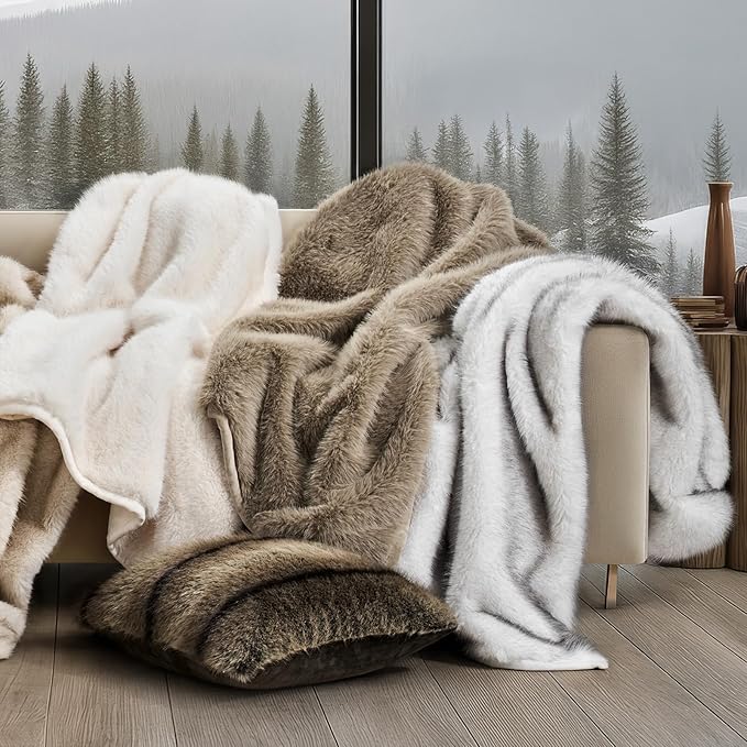 Luxury Faux Fur Throw Blanket, Soft Fluffy Faux Mink Blankets for Bed, Couch, Sofa, Thick Cozy Plush Warm Fur Throws with Reversible Velvet, Frosted White Wolf, 50"x60"
