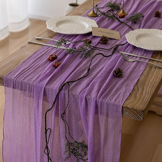 Table Runner Lavender Gauze Rustic Boho Lilac Cheesecloth Grape Table Runner 120 Inch 10 FT for Wedding Baby Bridal Shower Birthday Bridgerton Party Long Sheer Home Decorations