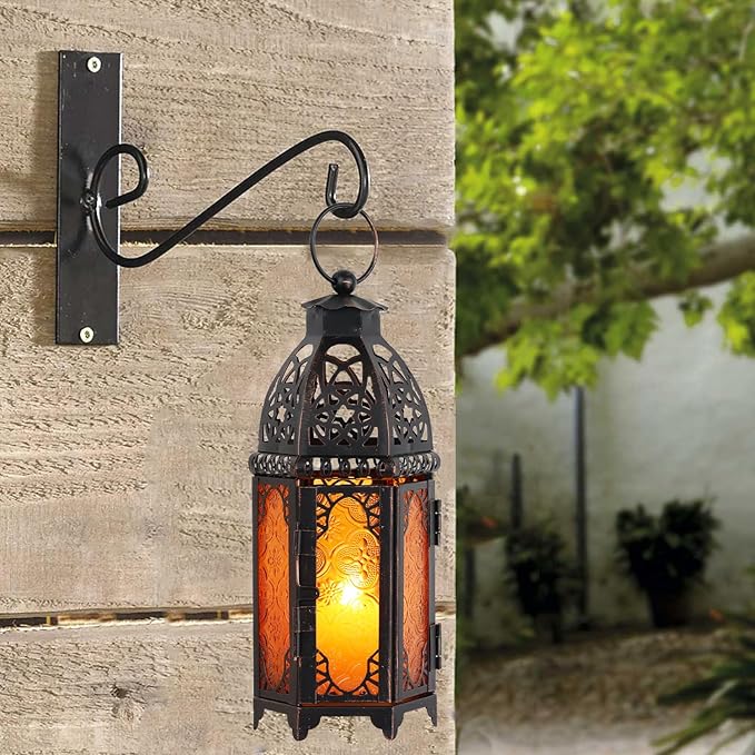 NEEDOMO 11'' Moroccan Lanterns Decorative Indoor & Outdoor, Vintage Christmas Candle Holder, Metal Lanterns Decorative, Table, Patio, Porch, Shelf, Christmas Spring Halloween Home Decor (Amber)
