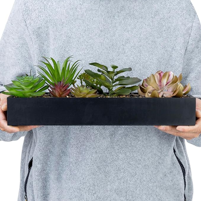 MyGift Artificial Assorted Succulent Arrangement in Rectangular Black Wood Planter Box, Fake Plant Decor