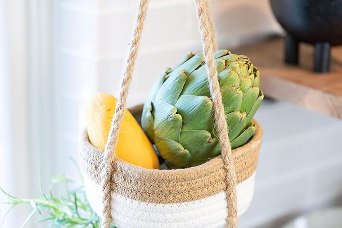 CEDAR+PINE 3-Tier Lined Hanging Fruit Basket Natural Woven Cotton with Strong Jute Rope Hanger in Gift Box Modern Hanging Basket for Kitchen