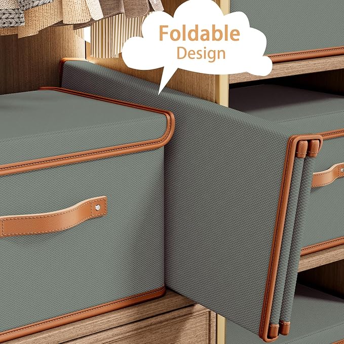 Tuza 4 Pack Storage Bins with Lids, Collapsible Closet Organizer Container, Fabric Organizer Box with Handles, Decorative Storage Boxes with Lids for Organizing Clothes, Blanket, Grey, Large