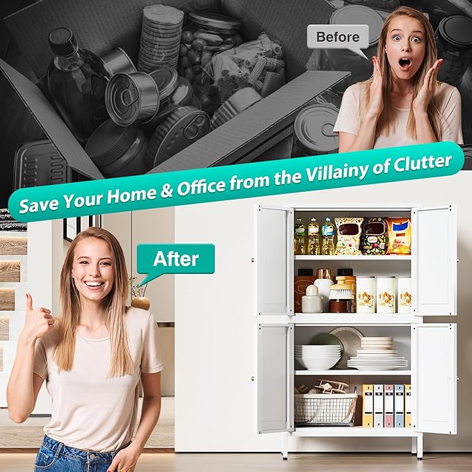 White Storage Cabinet with 4 Doors and 2 Adjustable Shelves,Narrow Food Pantry Cabinet with Leg,24 inch Wide Bathroom Cabinets,Small Metal Storage Cabinets for Home Kitchen,Dining/Living/Laundry/Room