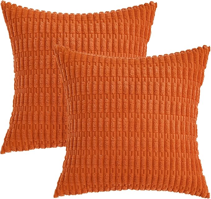 MIULEE Pack of 2 Orange Corduroy Decorative Euro Sham Fall Pillow Covers 22x22 Inch Soft Boho Striped Throw Pillow Covers Modern Farmhouse Home Decor for Summer Sofa Living Room Couch Bed