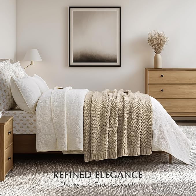 EVERGRACEHOME Chunky Chenille Knit Throw Blanket for Couch, Soft Luxurious Moss Stitch Blankets for Bed, Cozy Decorative Farmhouse Knitted Throws for Sofa, Sand Dune, 60" x 80"