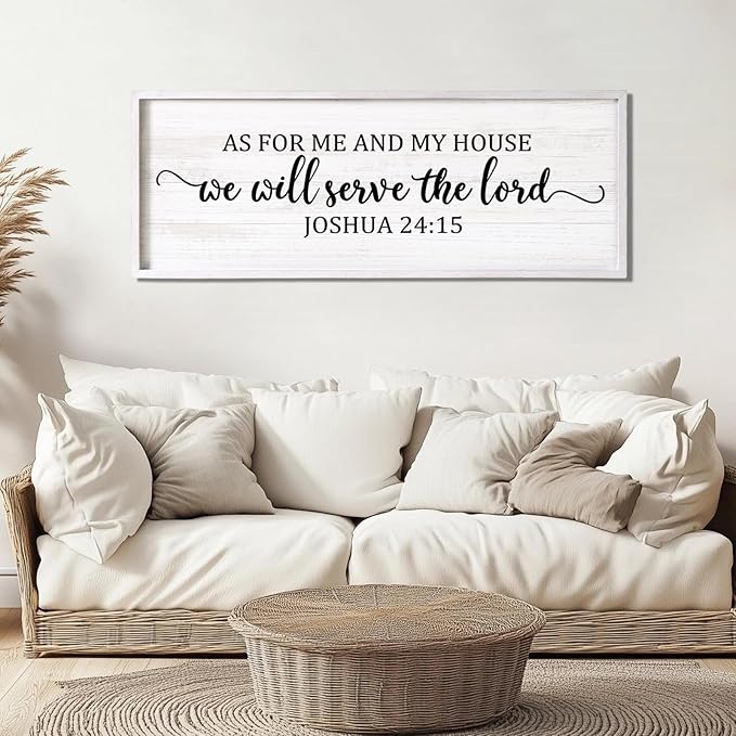 As For Me And My House We Will Serve The Lord Framed Wall Art, 40''×15'' Positive Religious Rustic Bible Verse for Christian God Jesus Christ Prayer, Vintage Horizontal Holy Catholic Scripture Decor