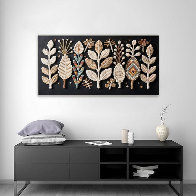 Boho Black Wall Art Chic Home Wall Art Modern Multicolor Leaves Feather Canvas Wall Art Decor For Living Room Bedroom Apartment Kitchen 24"W X 48"L Ready To Hanging