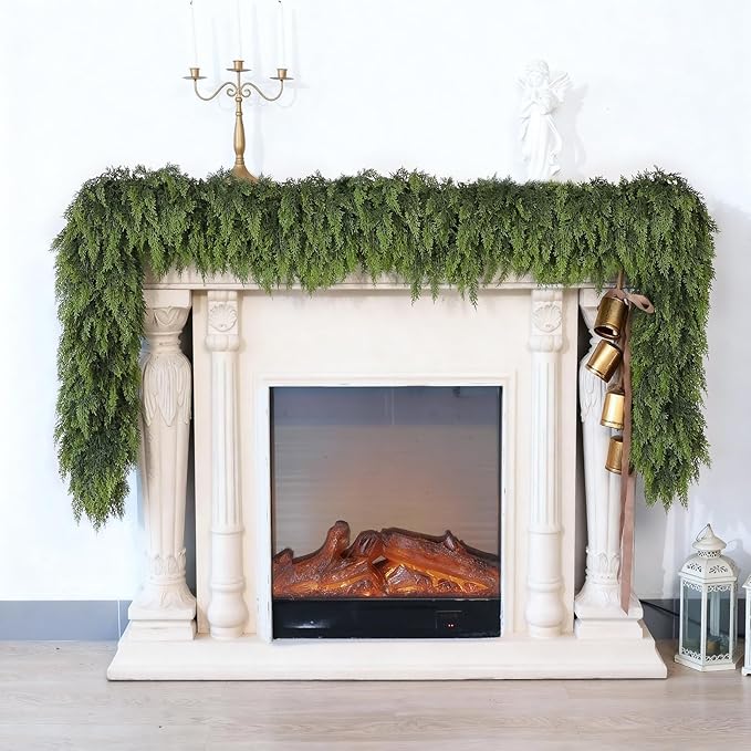 6FT Cedar Garland for Fireplace - Artificial Christmas Garland Thick and Lush Realistic Faux Cedar Fake Pine Needles Garland for Table,Window,Stairs,Mante,Indoor Outdoor Decor (2PCS)