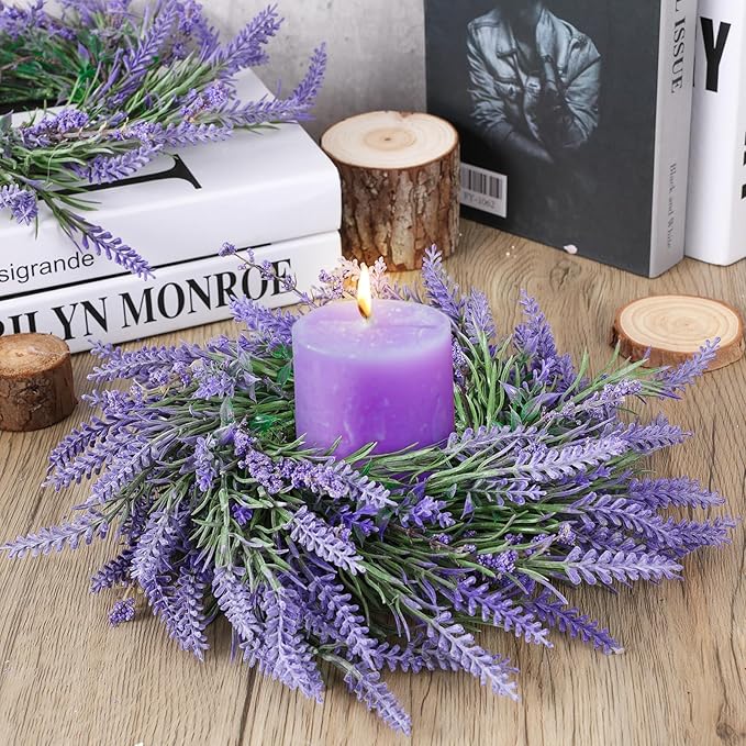 6 Pcs Lavender Candle Ring Pillar Wreaths Mini Purple Wreath Table Centerpieces 9 Inch Wreath for Cabinets Artificial Farmhouse Lavender Wreaths for Front Door Porch Wall Window