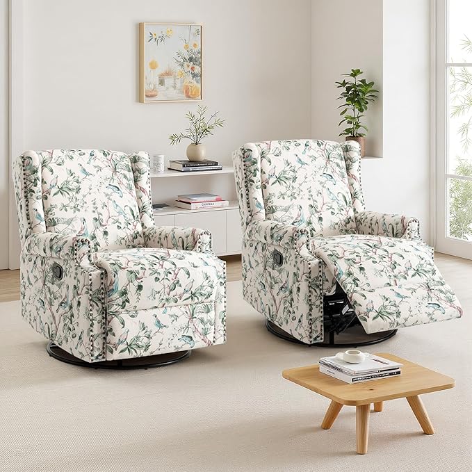 UIXE Swivel Rocker Manual Recliner Chairs Set of 2, Wingback Swivel Glider Fabric Nursery Reclining Sofa Chair, High Back Upholstered Arm Chair for Living Room Bedroom - Bird Pattern