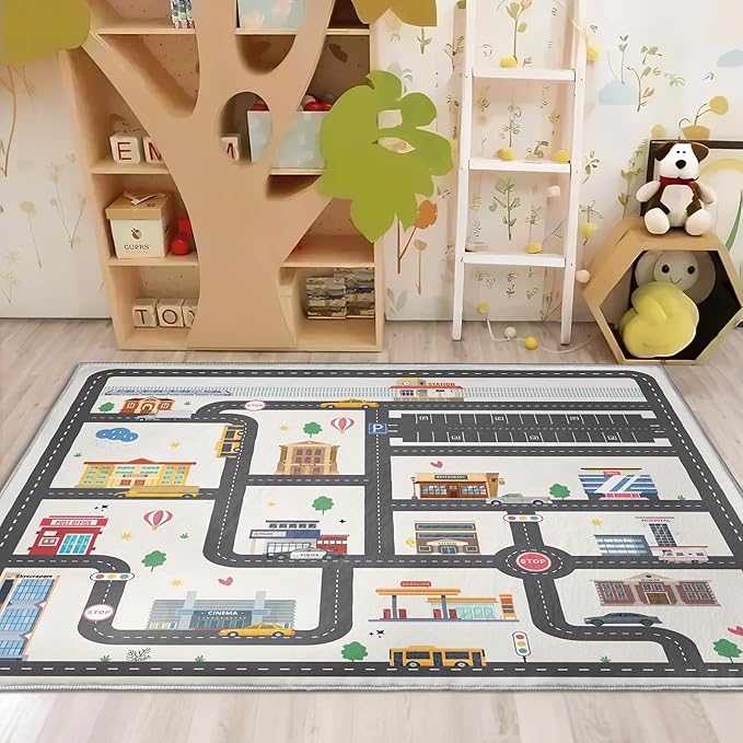 5x7ft Kids City Road Car Play Rug - Non-Slip Faux Wool Carpet with Interactive City Map Design, Educational Toy Vehicle Mat for Kids, Bedroom Playroom Nursery Gift.