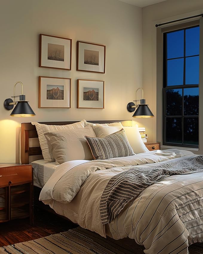 Industrial Wall Sconce Set of 2, HWH Modern 1-Light Bathroom Vanity Light Fixtures, Single Wall Sconce for Bedroom, Balcony, Over Mirror, Kitchen Sink, Black and Gold Finish, 5HZG56B-2 BK+BG