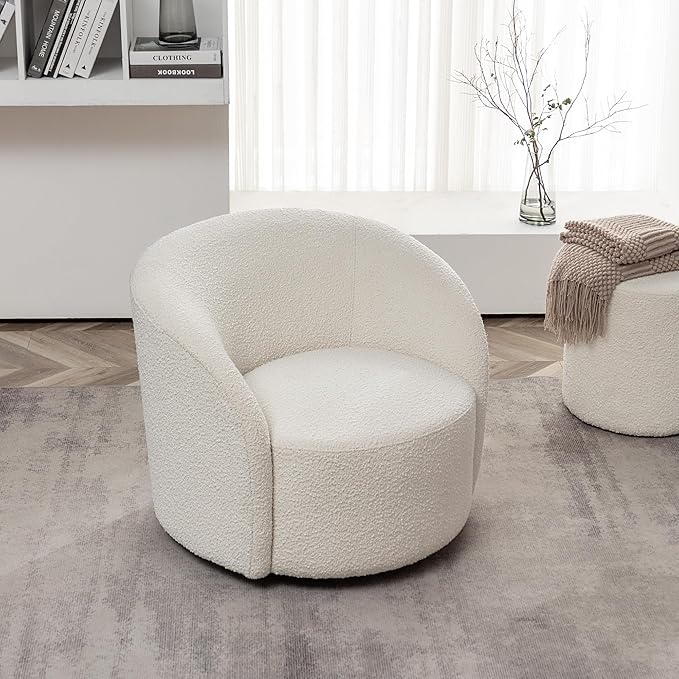 KINWELL 34" W Mid Century Modern Swivel Barrel Chair, Round Upholstered Boucle Swivel Accent Chairs, No Assembly Sofa Chair for Living Room Bedroom Reading Apartment Lounge Nursery(Cream)