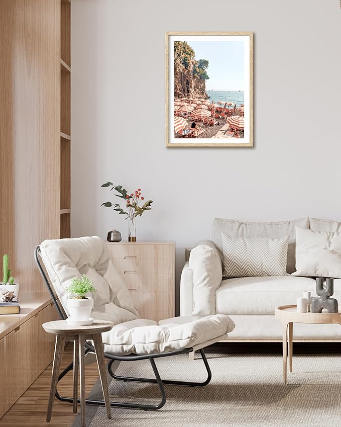 HesenDot Natural OAK Wood Framed Summer in Positano Wall Art,12x16in Italy Amalfi Coastal Canvas Wall Print,Arienzo Beach Umbrellas Poster Wall Decor for Living Room,Bedroom,Office Gallery Set of 1