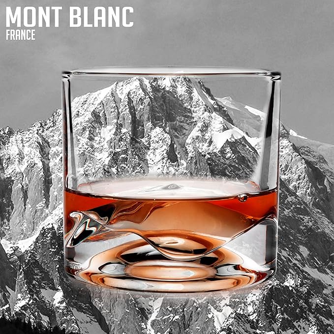 Mont Blanc Heavy Crystal Whiskey Glasses Gift Set of 2, Thick Freezable Bourbon Glass 1lb Each, Premium Whiskey Gifts for Men, Frozen Crystal Chills Cocktails, 10 oz