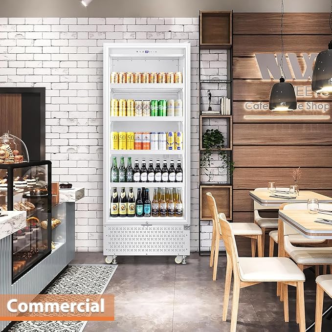 Tylza Commercial Refrigerator with Glass Door Display Beverage Fridge, 14.8 Cu Ft Upright Beverage Cooler Merchandiser with Rebound Door, Low Noise, Fast Cooling, White