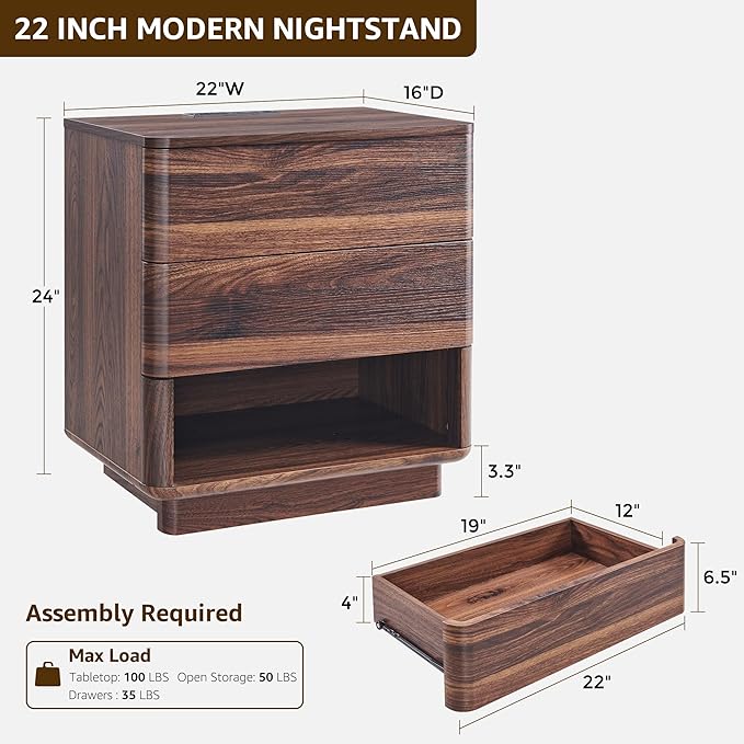 Nightstand Set of 2 with Charging Station, 22" Large Modern Bedside Table with 2 Drawers Storage,Push-to-Open End Table for Bedroom,Living Room,Brown